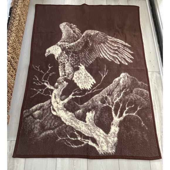 Vtg Eagle Branch Nature Blanket Reversible Brown Cream 62x46 Heavy 80s 90s VG - Picture 1 of 6